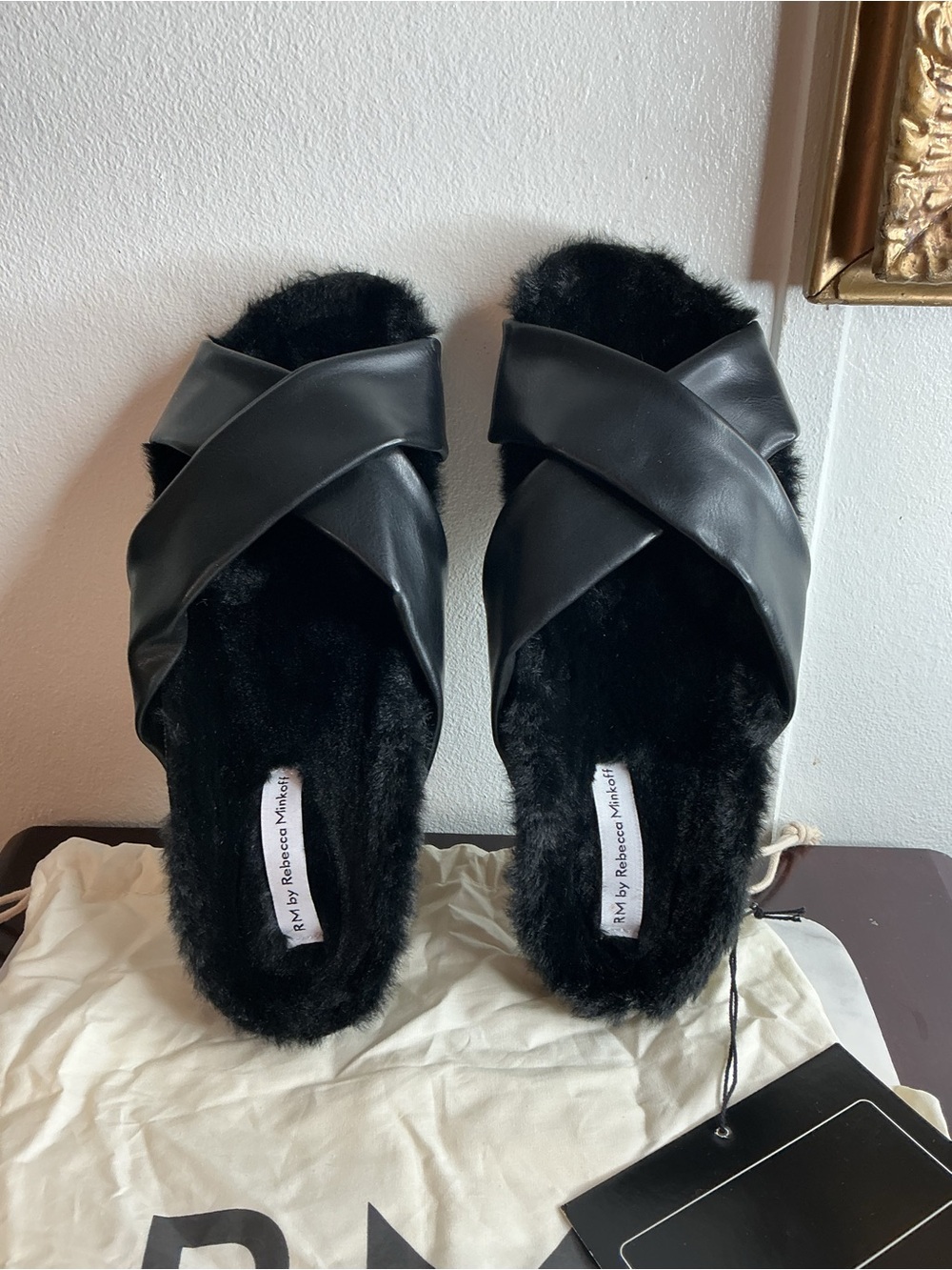 Rebecca Minkoff Black Crisscross Faux-Fur Slide Slippers
